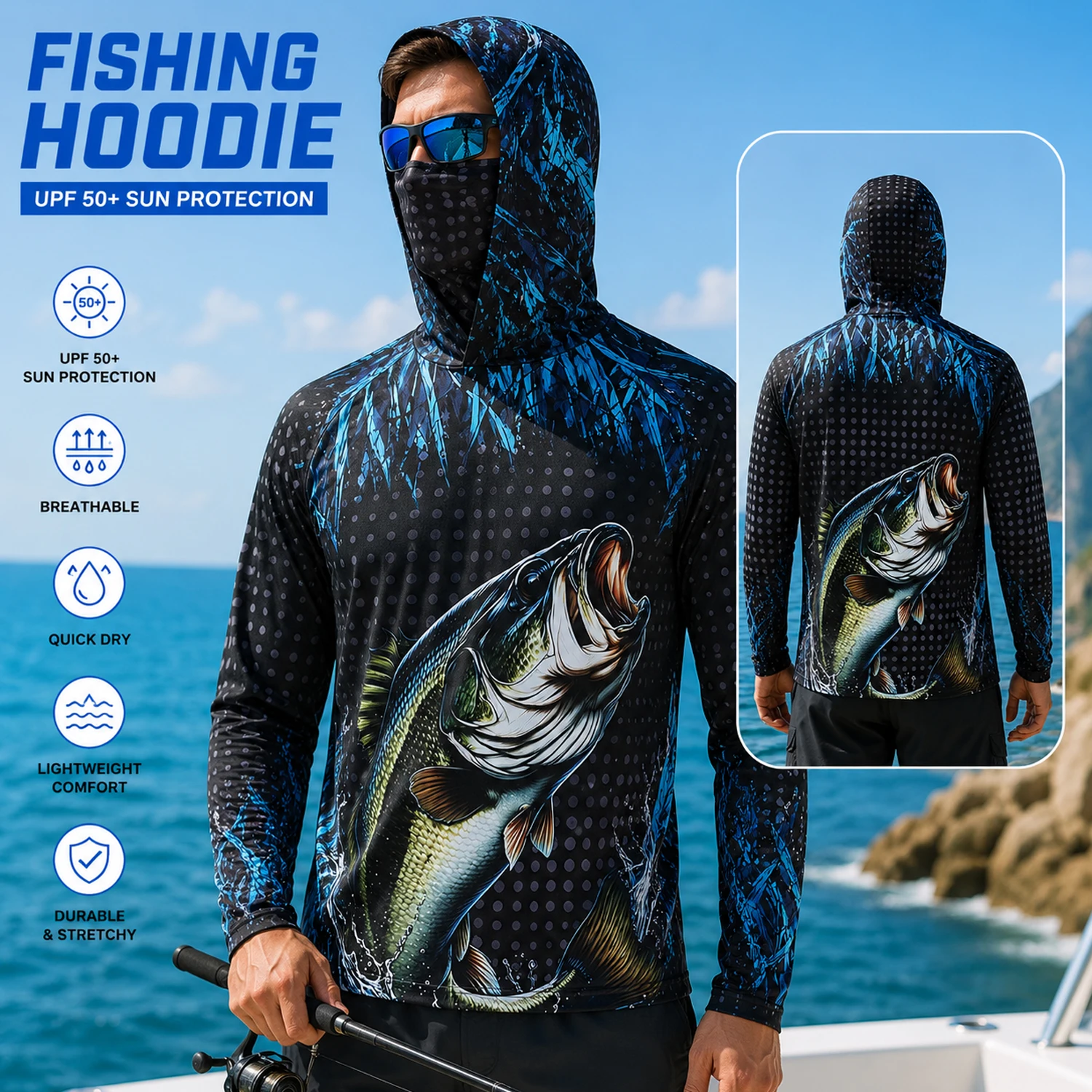 Men UPF50+ Fishing Hoodie with - Fishing Mask Sun Protection 评论和价格